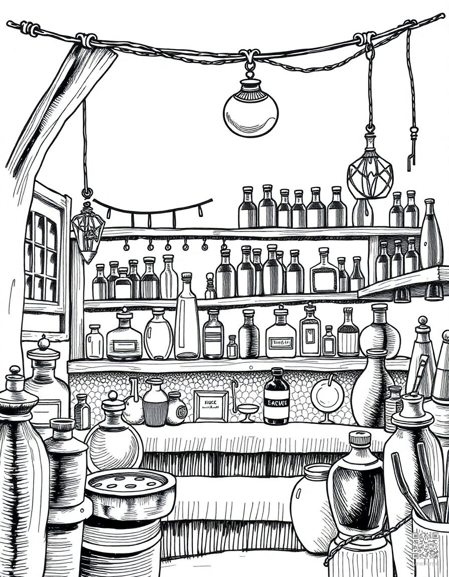 Free potion shop with bottles and ingredients coloring page in crosshatch style — printable line art