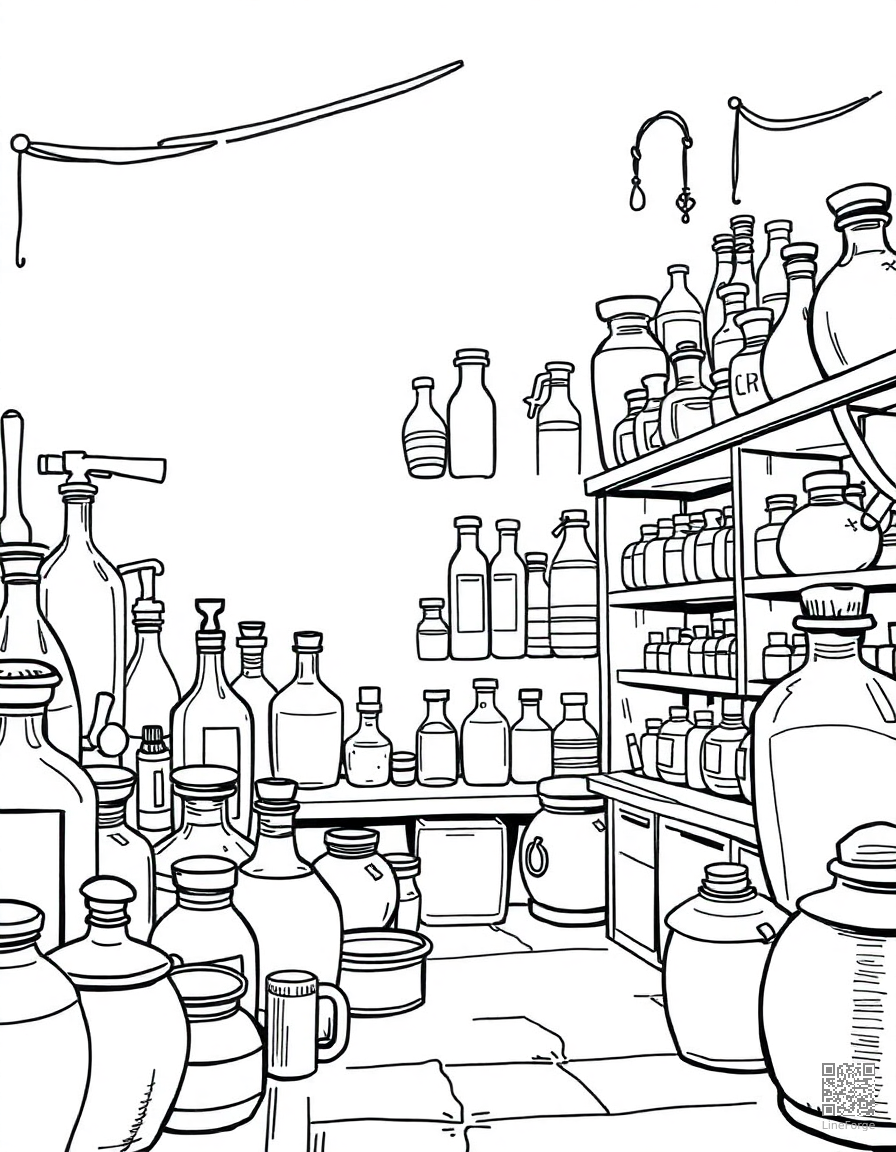 Free potion shop with bottles and ingredients coloring page in manga style — printable line art