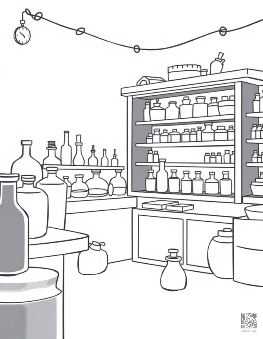 Free potion shop with bottles and ingredients coloring page in minimal style — printable line art