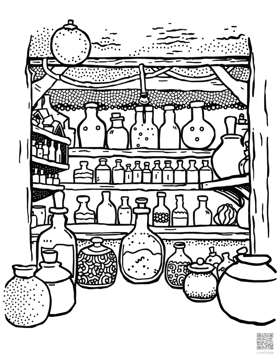 potion shop with bottles and ingredients coloring page Stipple style free printable