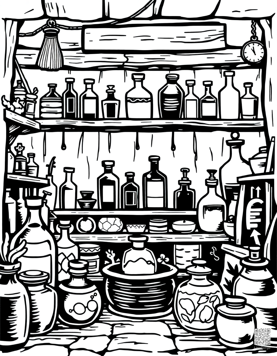 Free potion shop with bottles and ingredients coloring page in woodcut style — printable line art