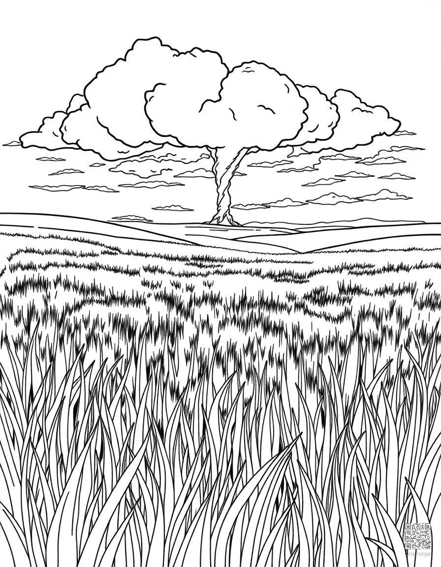 prairie grassland with distant thunderstorm coloring page Contour style - free printable