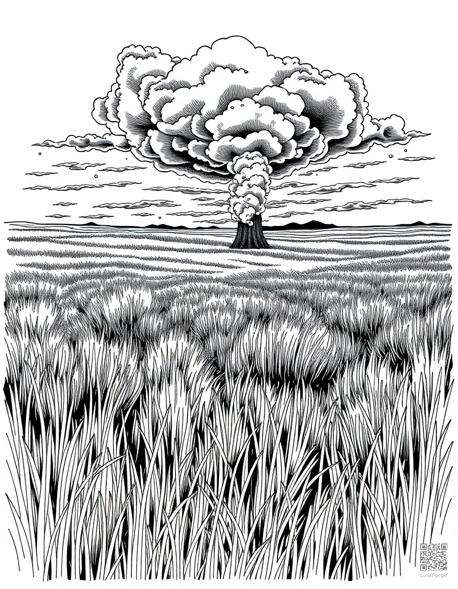 prairie grassland with distant thunderstorm coloring page Crosshatch style - free printable