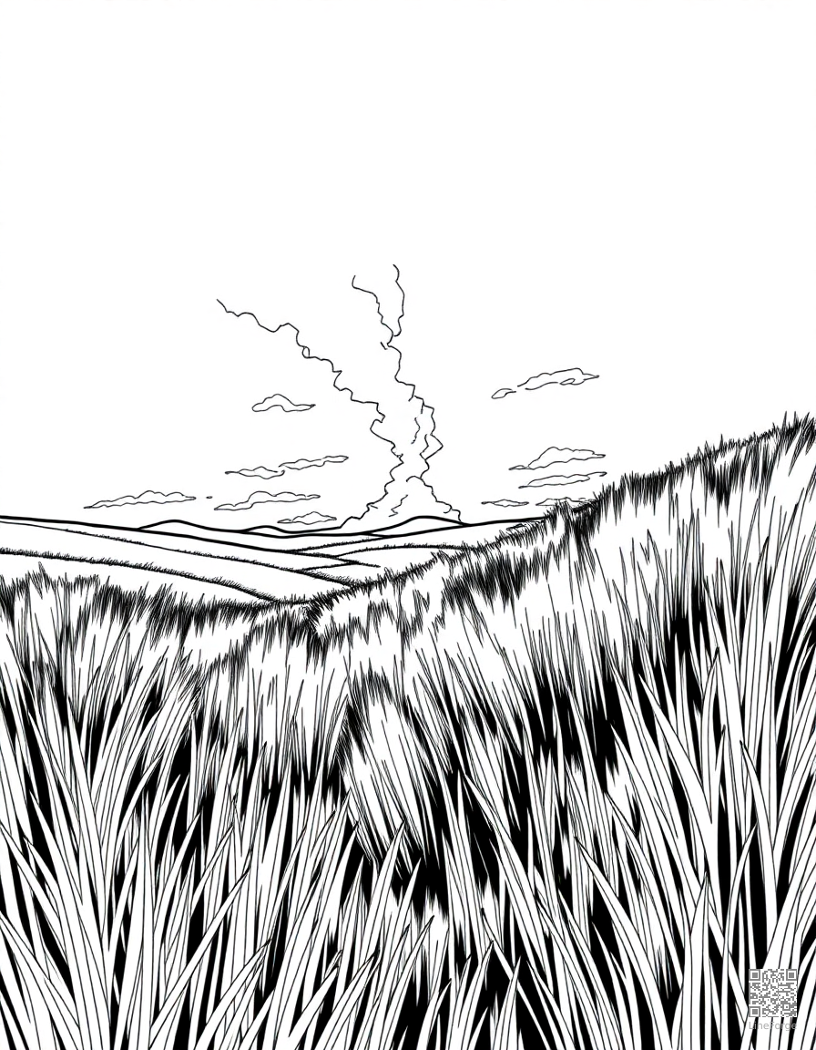 prairie grassland with distant thunderstorm coloring page Manga style - free printable