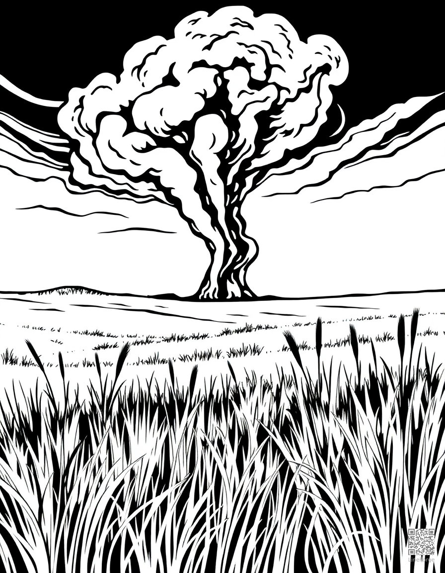 prairie grassland with distant thunderstorm coloring page Woodcut style - free printable