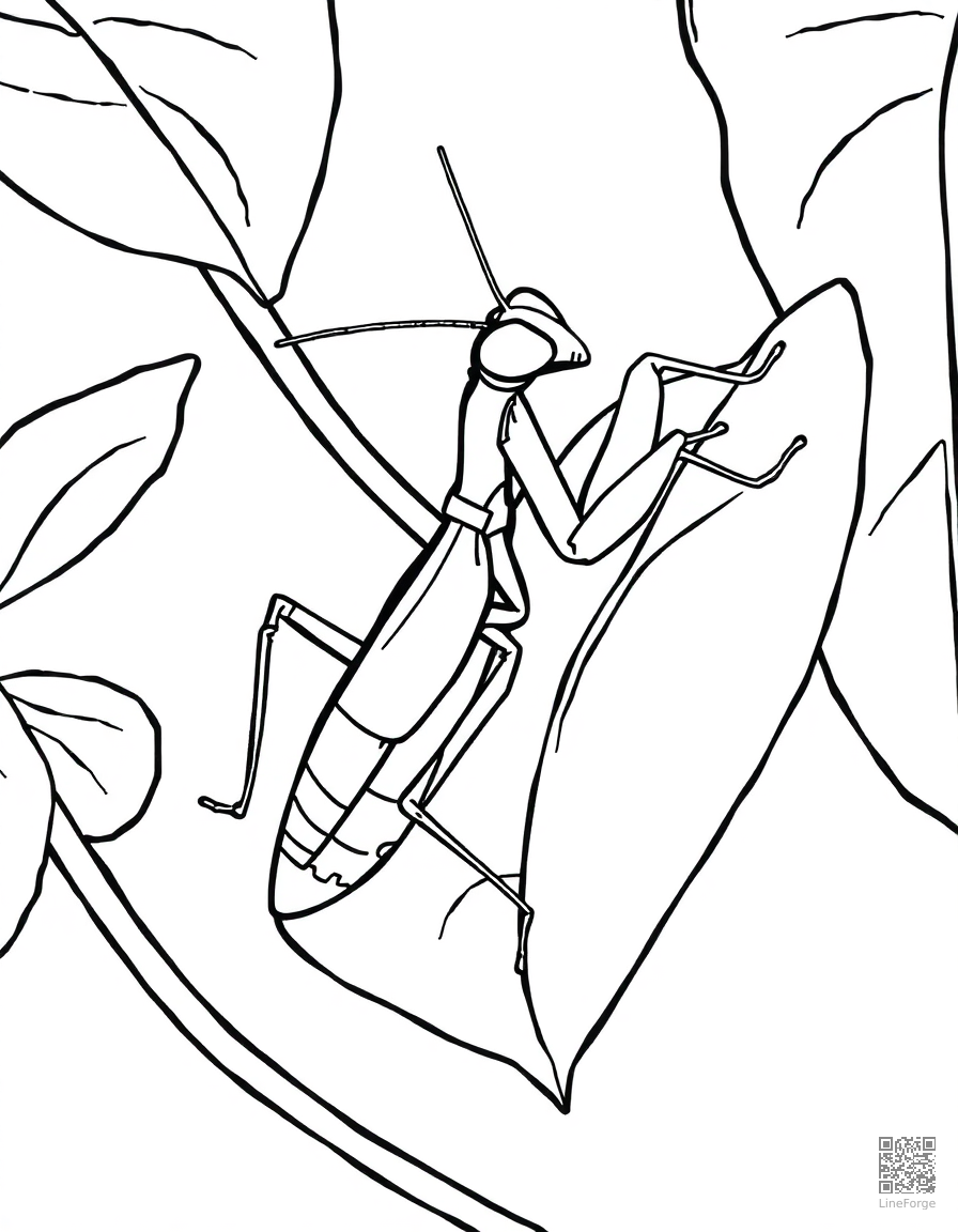 praying mantis on a garden leaf coloring page Contour style - free printable