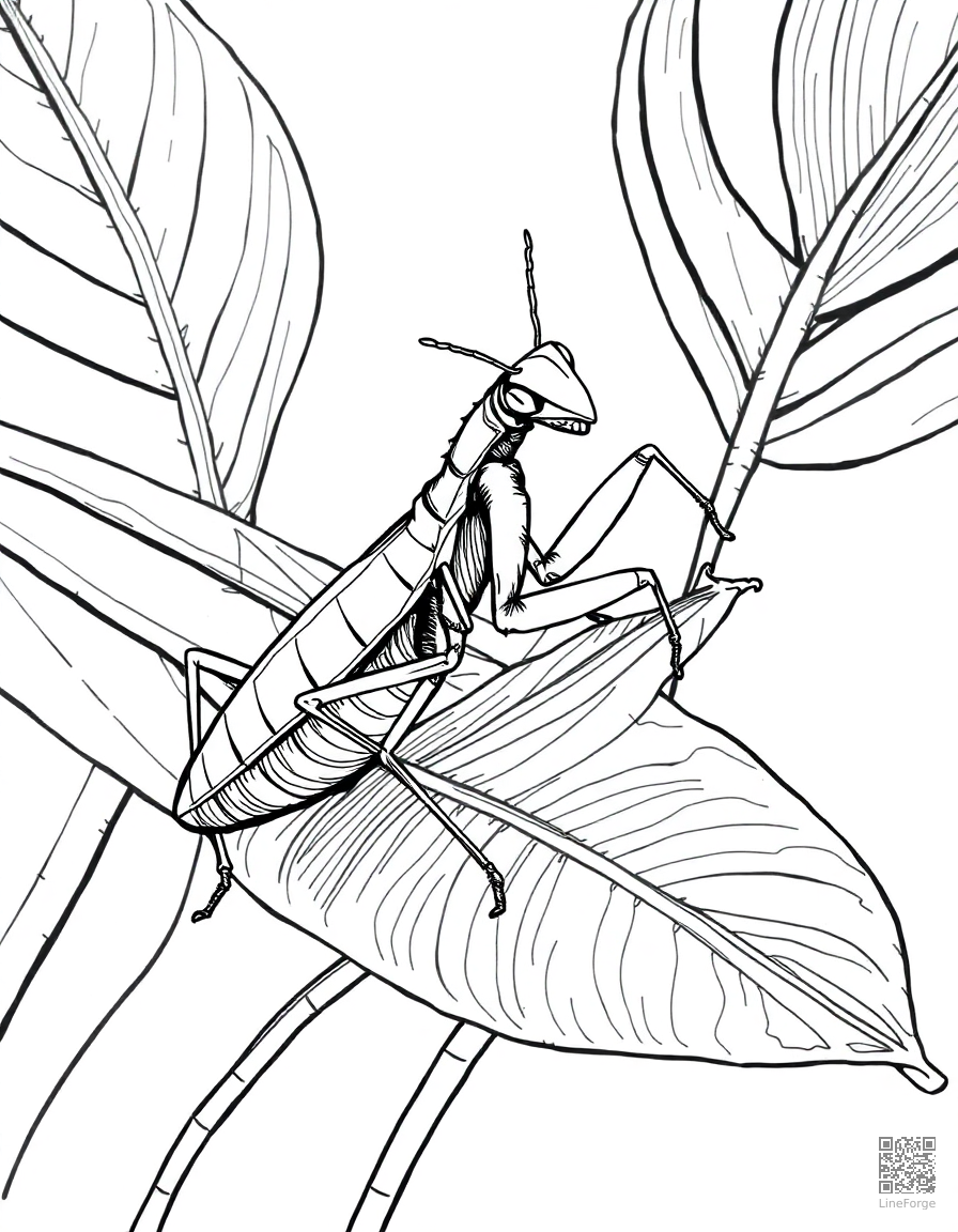 praying mantis on a garden leaf coloring page Crosshatch style - free printable
