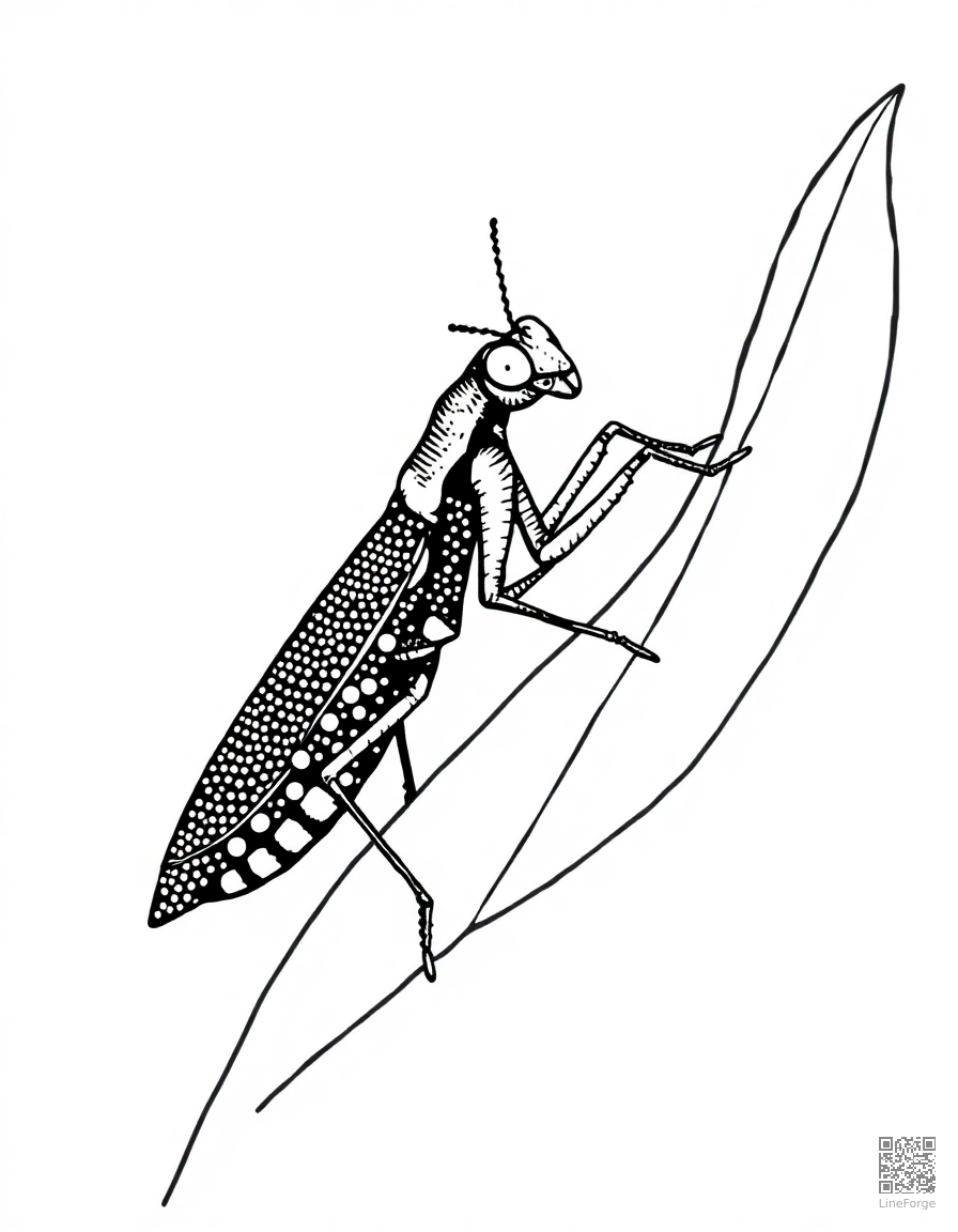 praying mantis on a garden leaf coloring page Stipple style - free printable