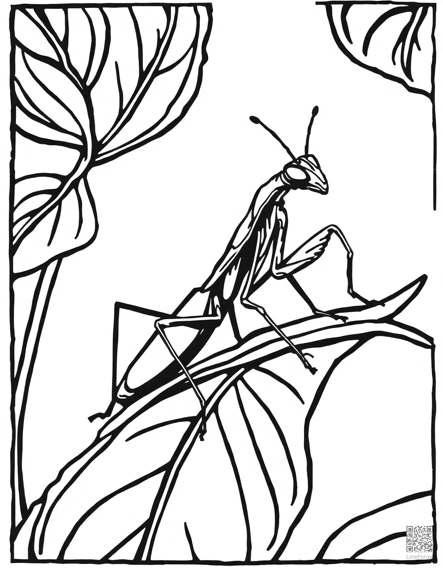 praying mantis on a garden leaf coloring page Woodcut style - free printable