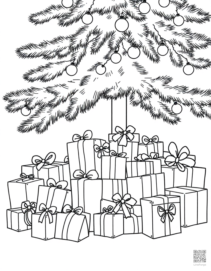 present pile under a christmas tree coloring page Contour style - free printable