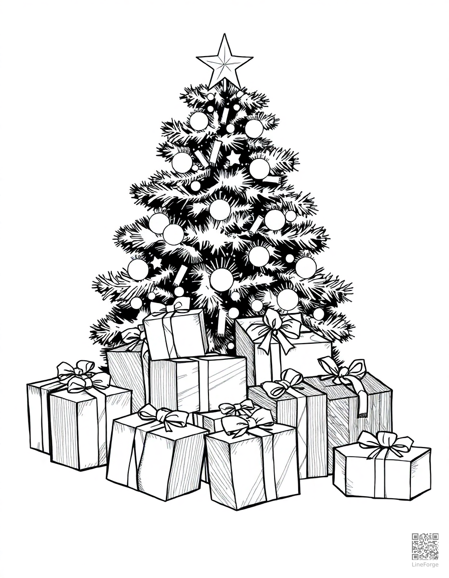 present pile under a christmas tree coloring page Crosshatch style - free printable