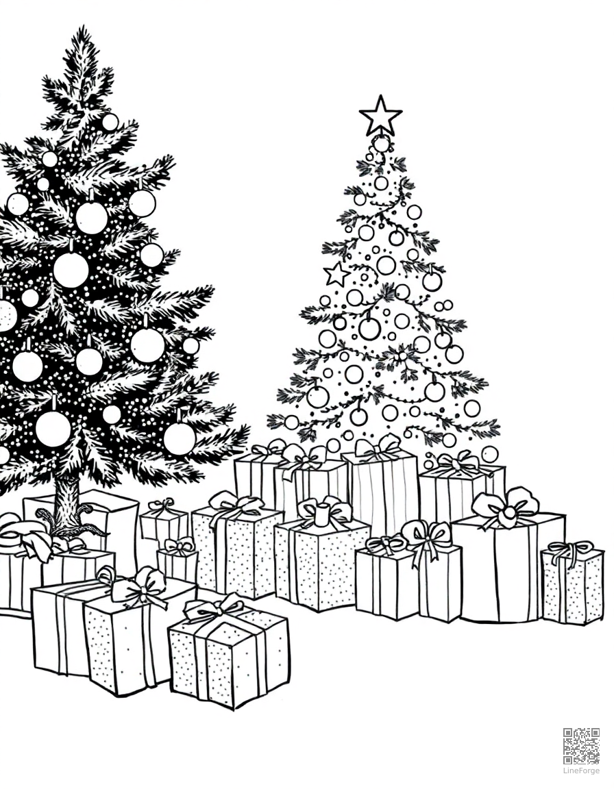present pile under a christmas tree coloring page Stipple style - free printable