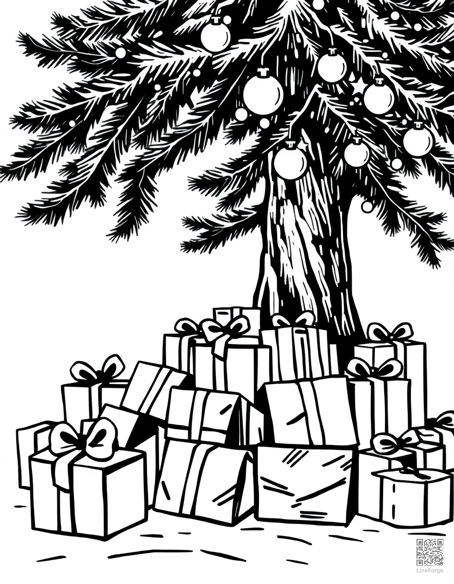 present pile under a christmas tree coloring page Woodcut style - free printable