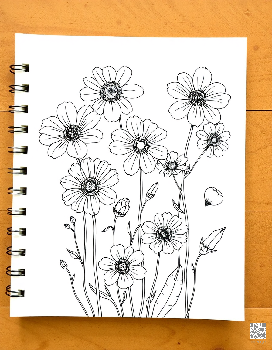 pressed flowers in a botanical journal coloring page Contour style free printable