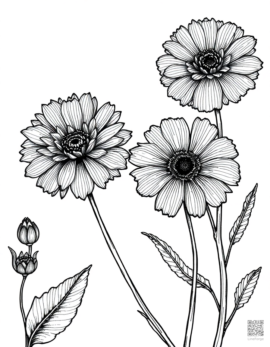pressed flowers in a botanical journal coloring page Crosshatch style free printable