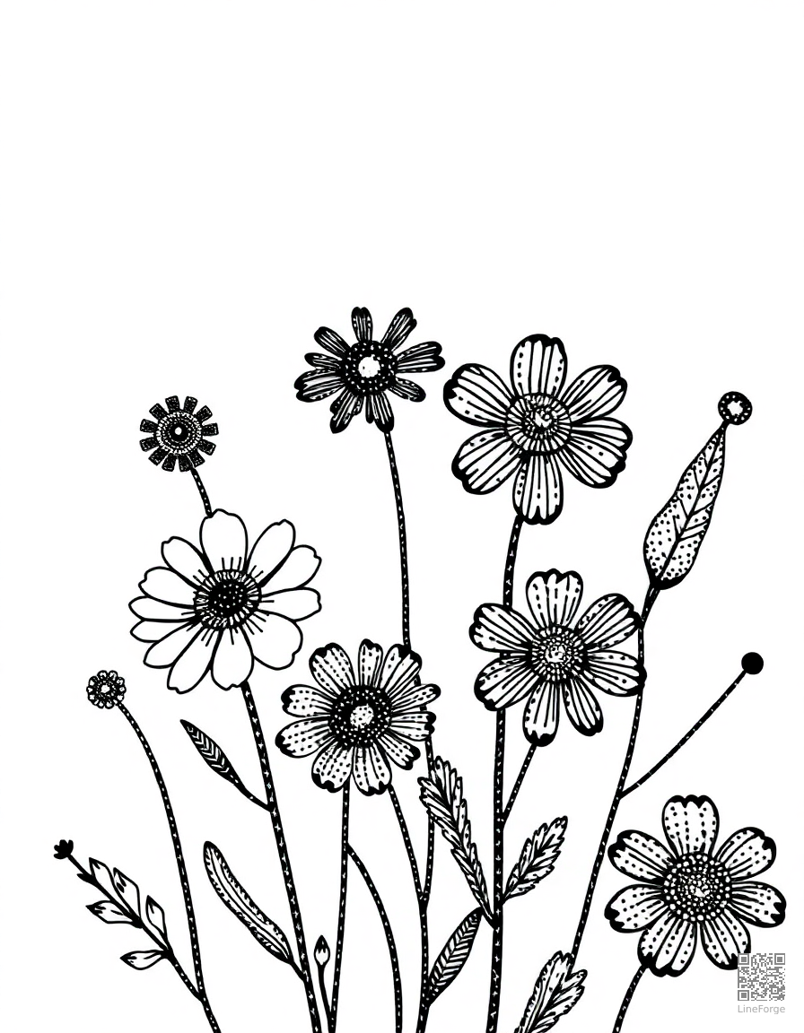 pressed flowers in a botanical journal coloring page Stipple style free printable
