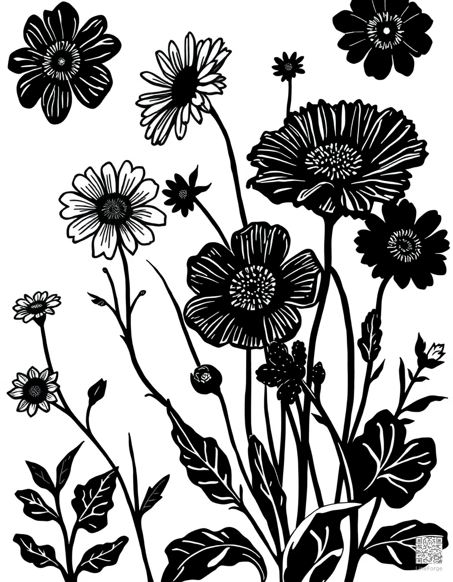 pressed flowers in a botanical journal coloring page Woodcut style free printable