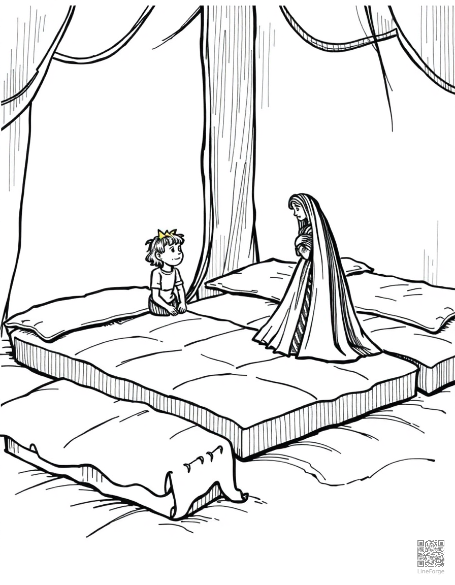 princess and the pea with many mattresses coloring page Crosshatch style - free printable