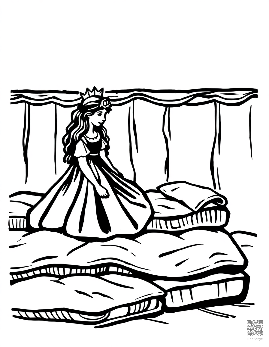 princess and the pea with many mattresses coloring page Woodcut style - free printable