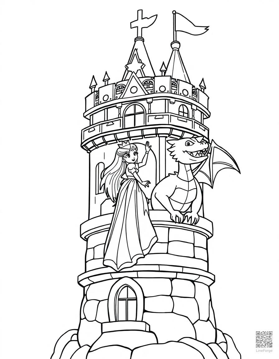 Free princess in a tower with a dragon coloring page in contour style — printable line art
