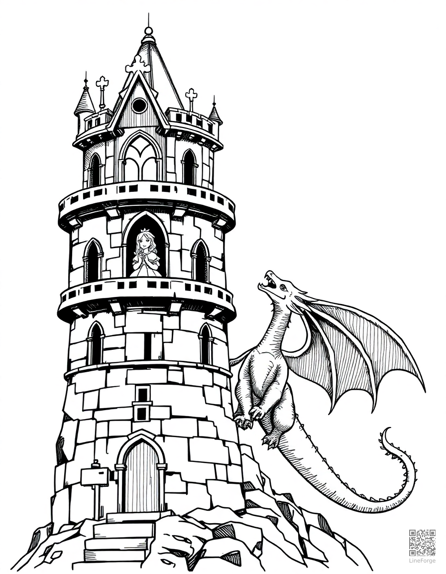 Free princess in a tower with a dragon coloring page in crosshatch style — printable line art