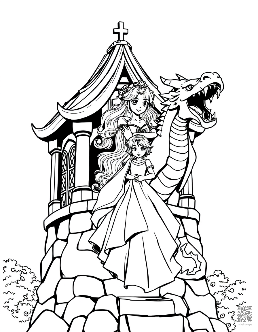 Free princess in a tower with a dragon coloring page in manga style — printable line art