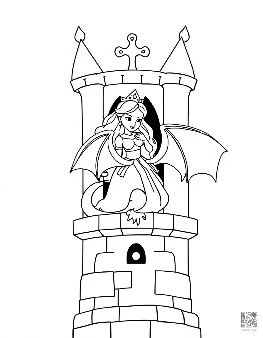 Free princess in a tower with a dragon coloring page in minimal style — printable line art