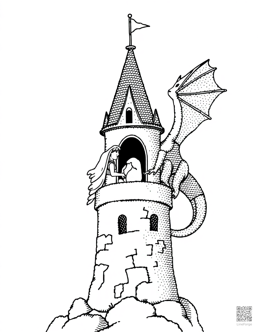 Free princess in a tower with a dragon coloring page in stipple style — printable line art
