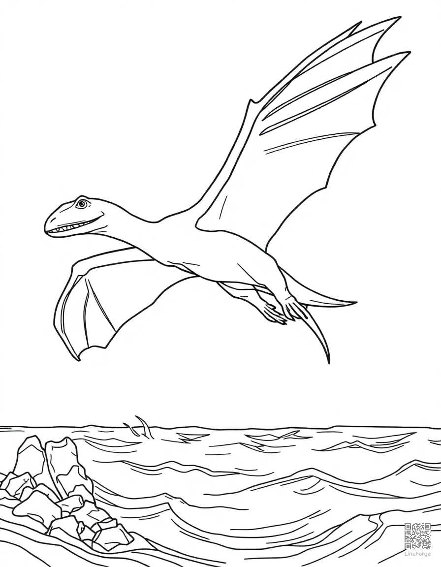 pterodactyl flying over a prehistoric ocean coloring page Contour style - free printable