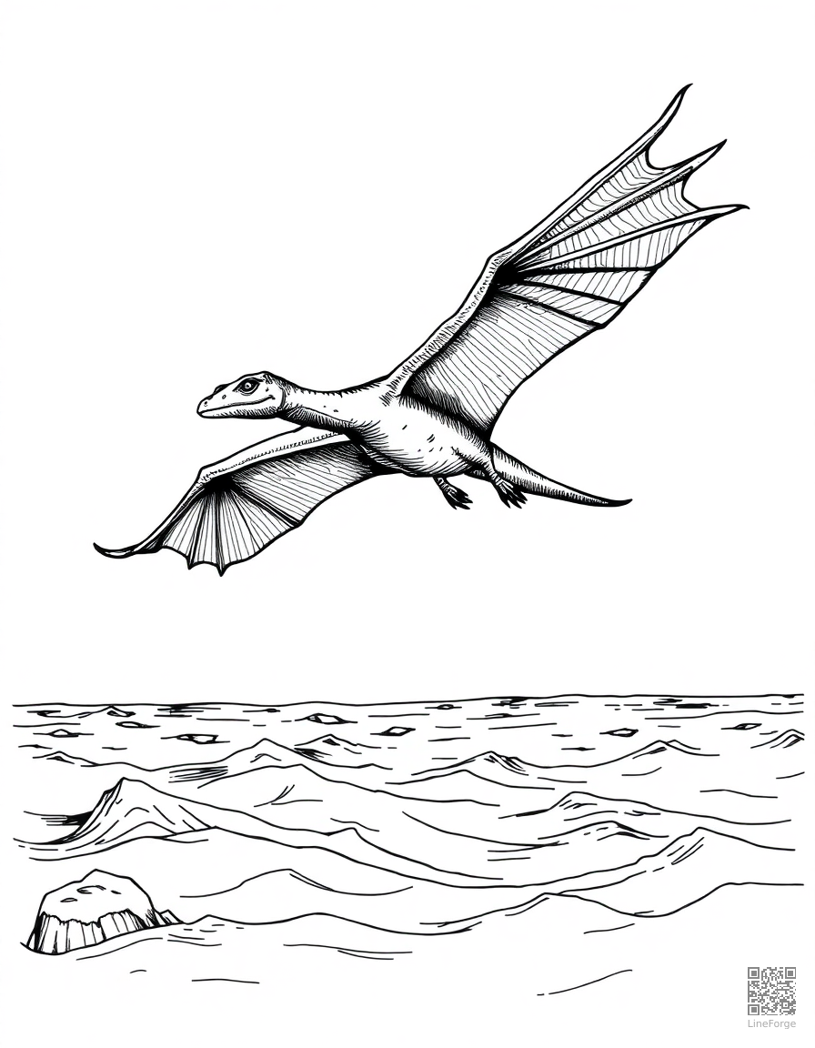 pterodactyl flying over a prehistoric ocean coloring page Crosshatch style - free printable