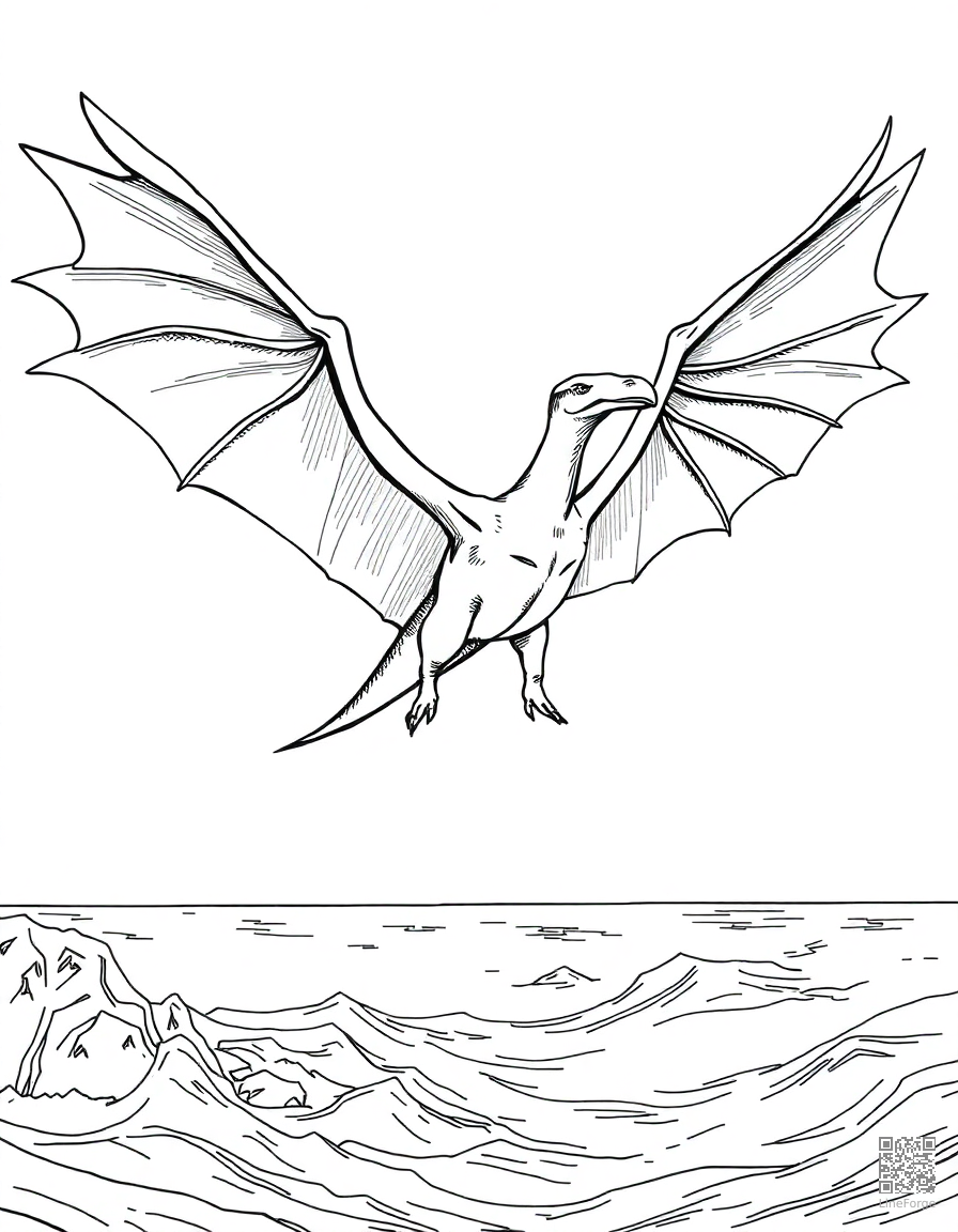 pterodactyl flying over a prehistoric ocean coloring page Manga style - free printable