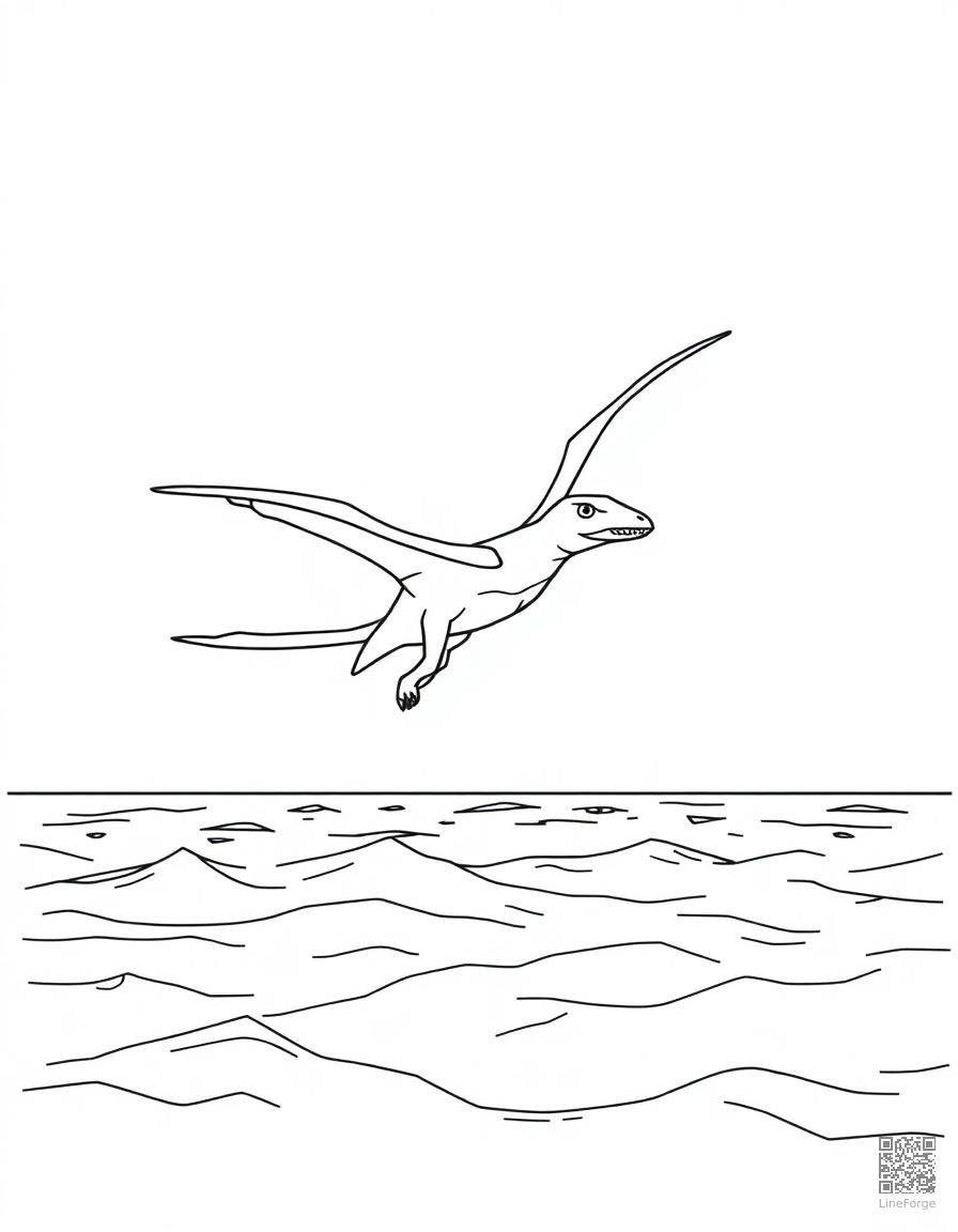 pterodactyl flying over a prehistoric ocean coloring page Minimal style - free printable