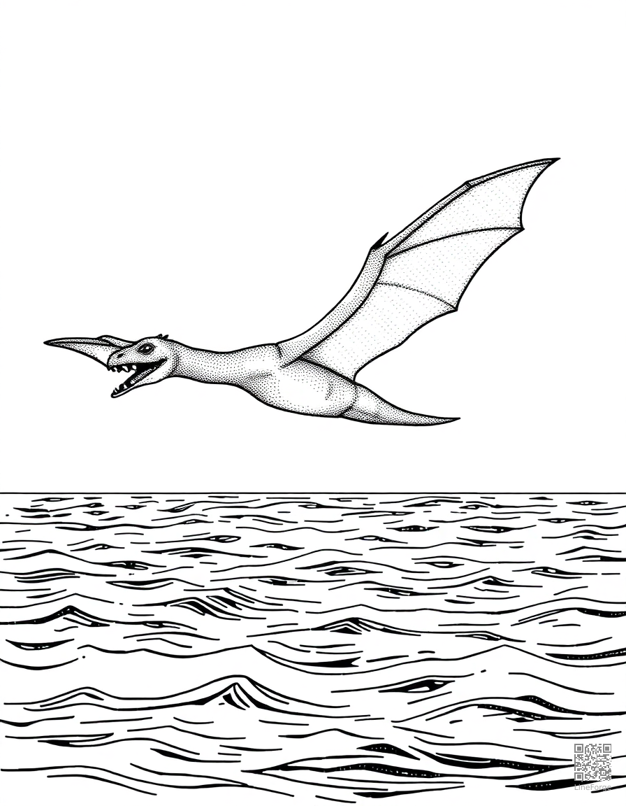 pterodactyl flying over a prehistoric ocean coloring page Stipple style - free printable