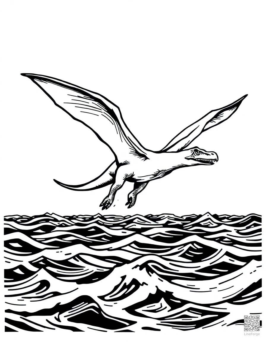 pterodactyl flying over a prehistoric ocean coloring page Woodcut style - free printable