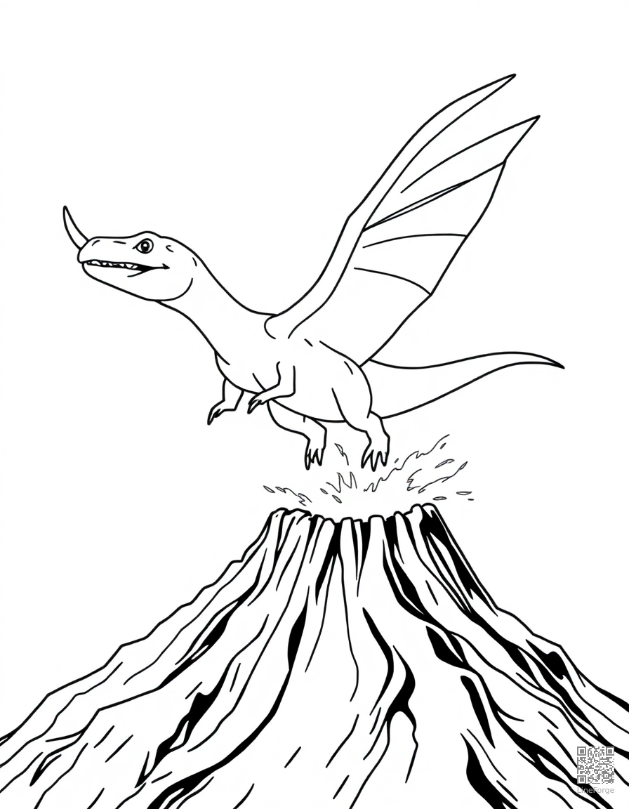 Pterodactyl flying over a volcano coloring page Contour style - free printable