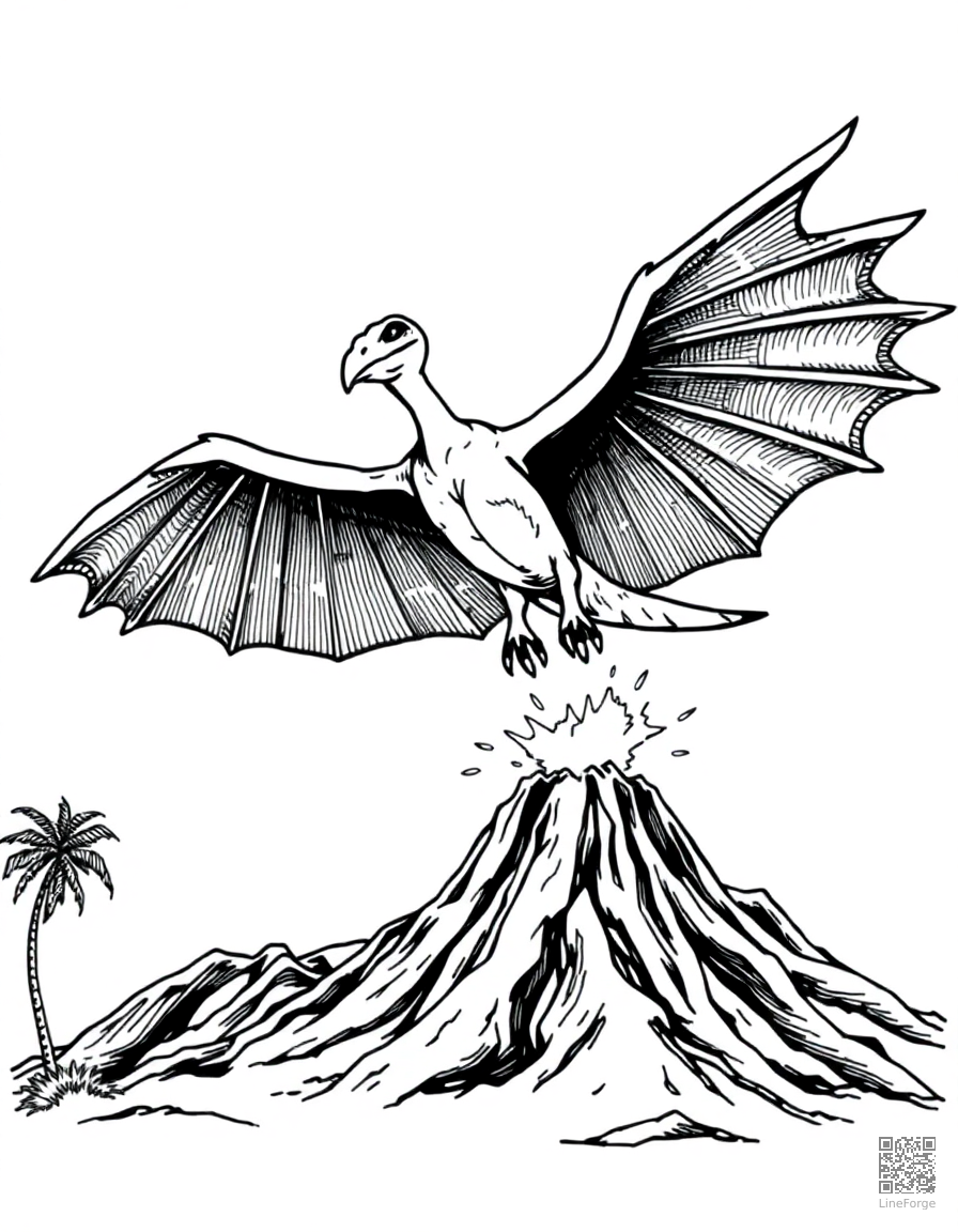 Pterodactyl flying over a volcano coloring page Crosshatch style - free printable