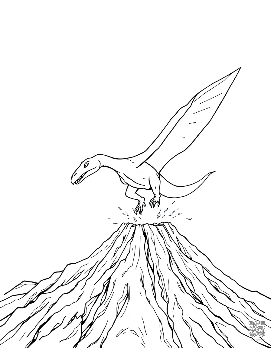 Pterodactyl flying over a volcano coloring page Manga style - free printable