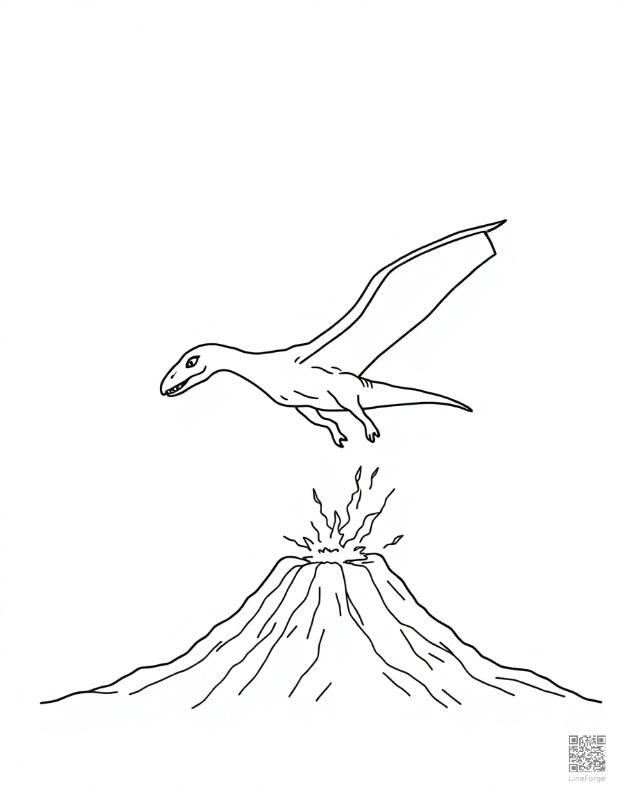 Pterodactyl flying over a volcano coloring page Minimal style - free printable
