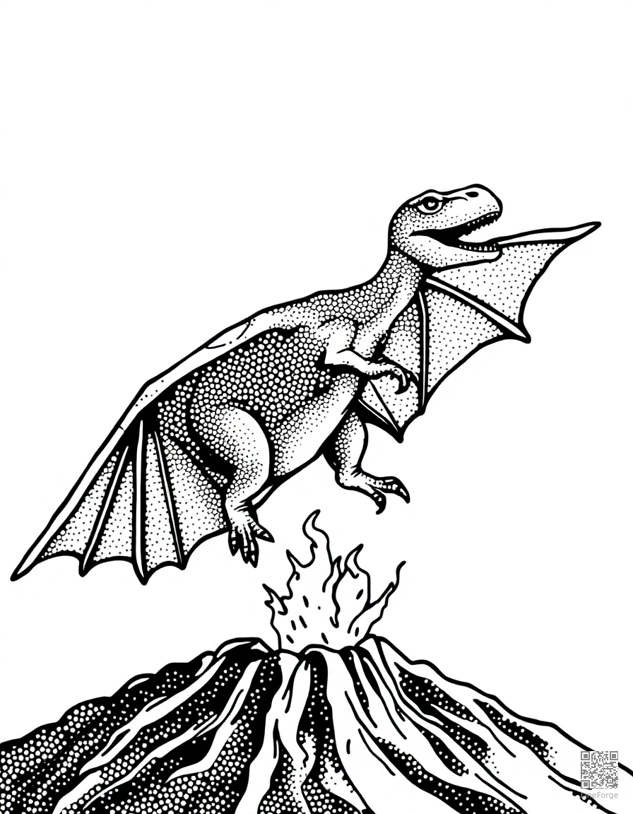 Pterodactyl flying over a volcano coloring page Stipple style - free printable