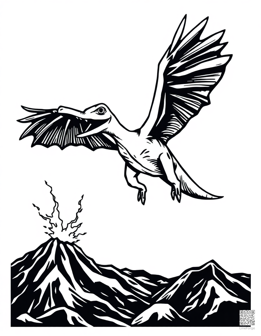 Pterodactyl flying over a volcano coloring page Woodcut style - free printable
