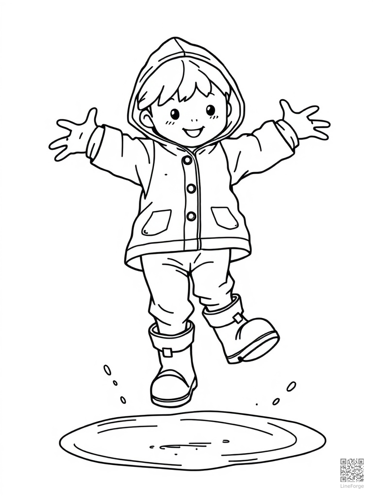 Puddle jumping in rain boots and yellow raincoat coloring page Contour style - free printable
