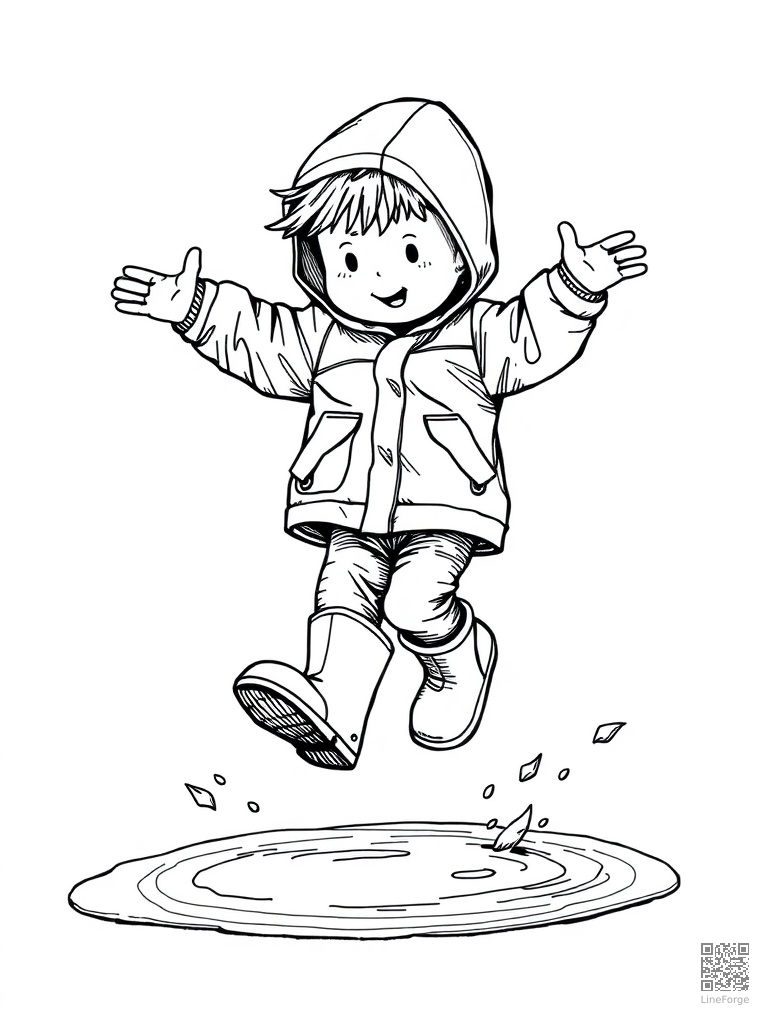 Puddle jumping in rain boots and yellow raincoat coloring page Crosshatch style - free printable