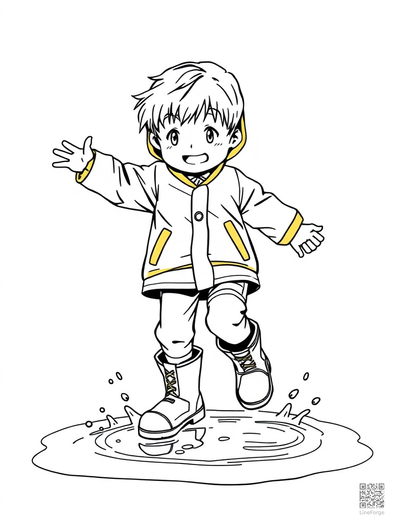 Puddle jumping in rain boots and yellow raincoat coloring page Manga style - free printable