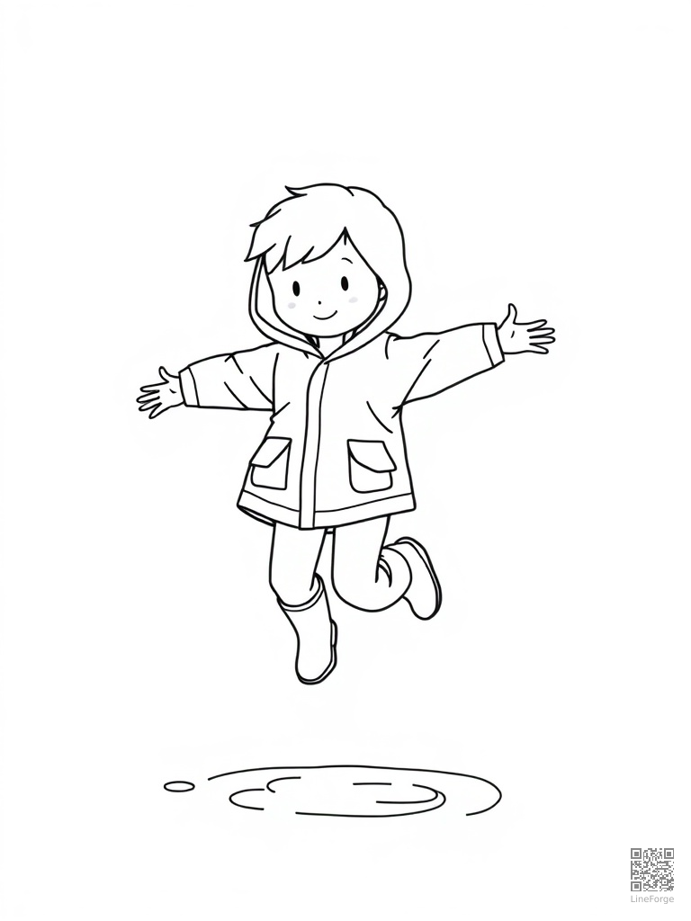 Puddle jumping in rain boots and yellow raincoat coloring page Minimal style - free printable