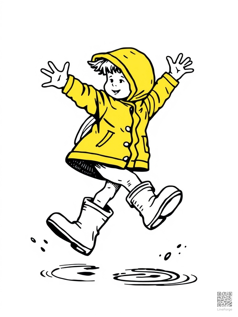 Puddle jumping in rain boots and yellow raincoat coloring page Woodcut style - free printable