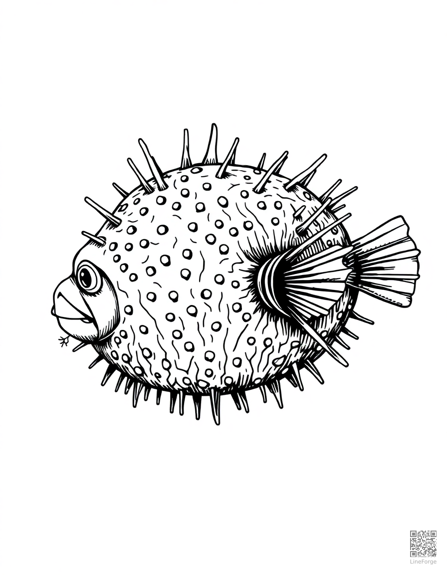 pufferfish inflated and spiky coloring page Crosshatch style - free printable