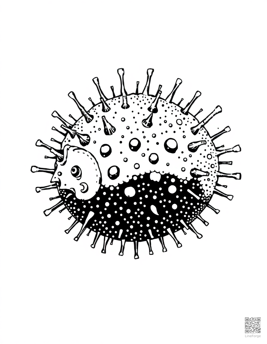 pufferfish inflated and spiky coloring page Stipple style - free printable