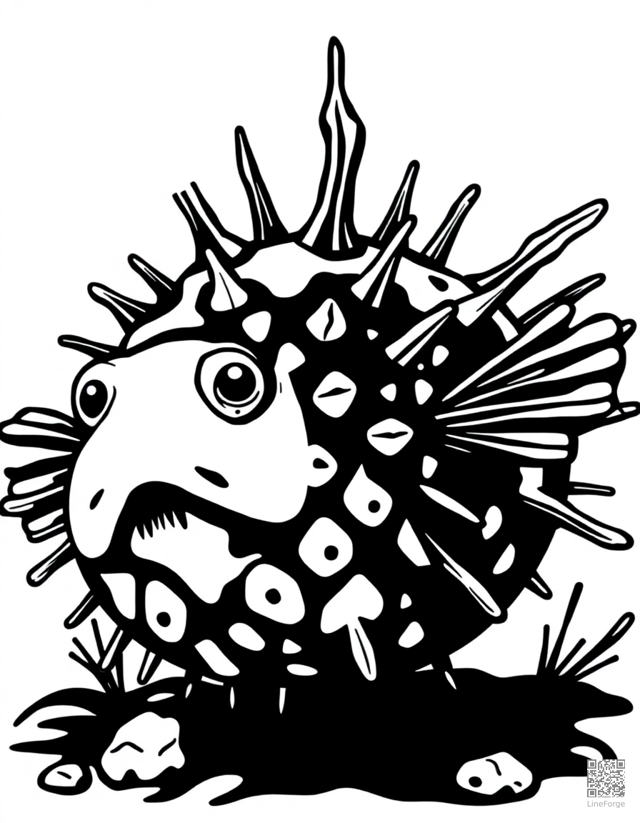 pufferfish inflated and spiky coloring page Woodcut style - free printable