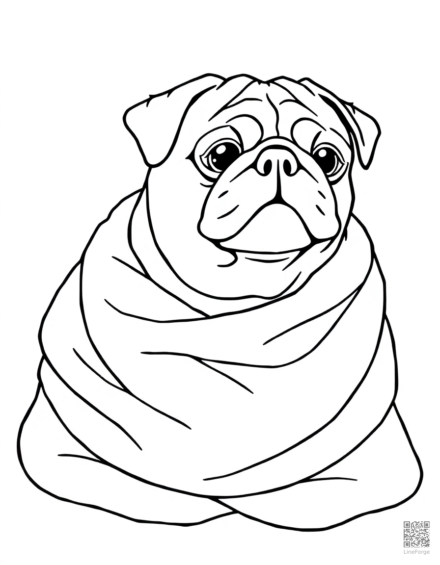 Free pug wrapped in a cozy blanket coloring page in contour style — printable line art