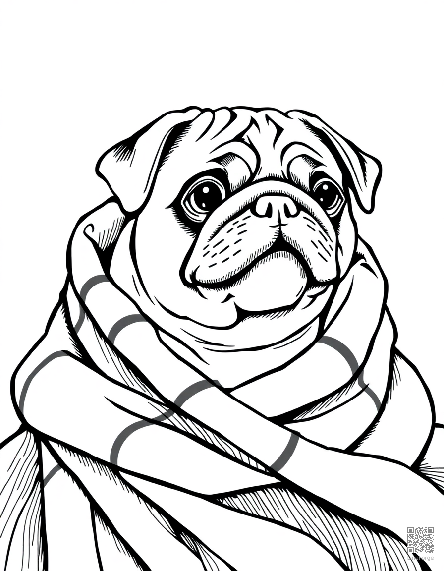 pug wrapped in a cozy blanket coloring page Crosshatch style - free printable